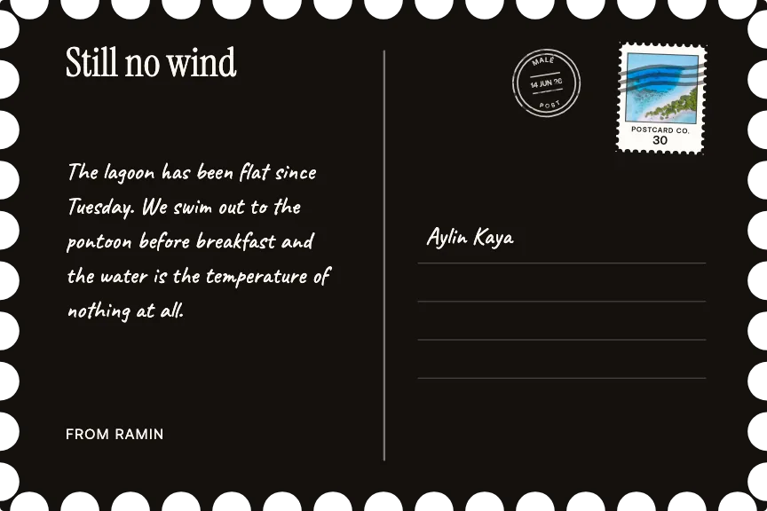 The back of the same postcard: a handwritten message, a postmark and an address.