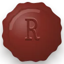 A maroon wax seal stamped with the letter R.